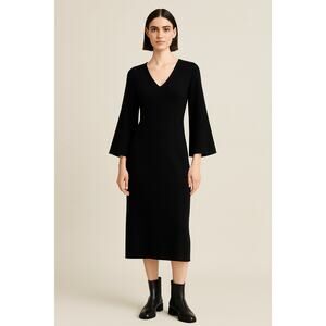 COS Black Wool Midi Dress M Minimalist Scandinavian Style VNeck Lagenlook Witchy